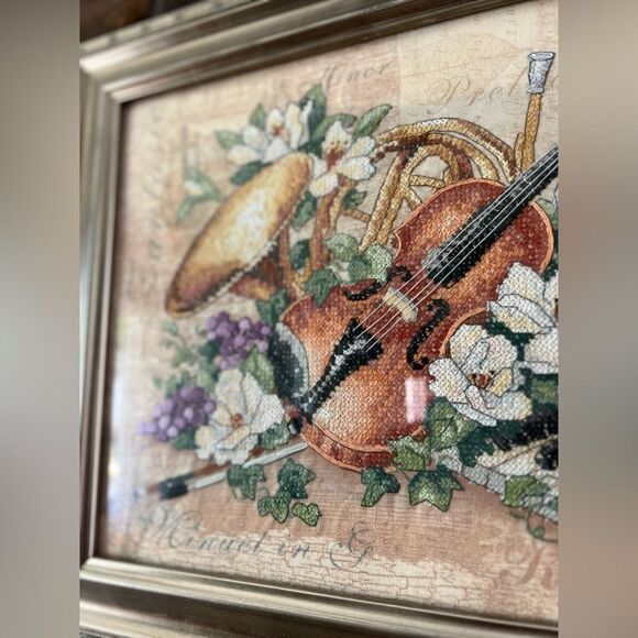 “Floral Harmony "14" x11" Cross Stitch Completed Silver Framed Violin Piano - Picture 7 of 7